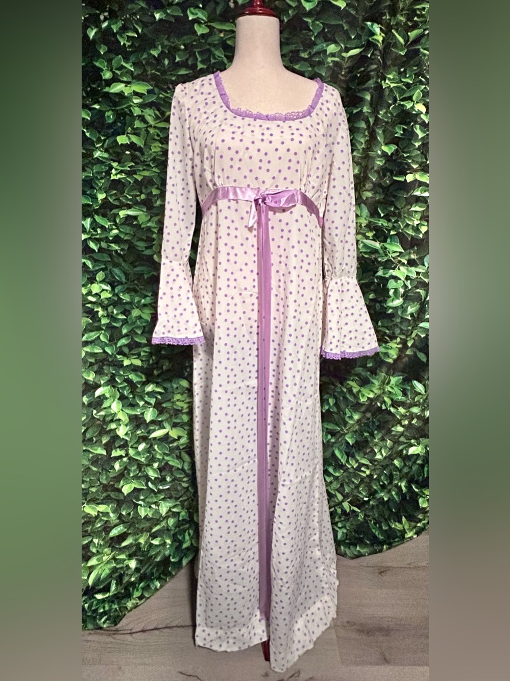 Vintage 1960 70s Handmade Floral Gown Dress White Purple Polka Dot Women’s XS
